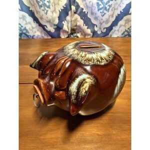 Vintage Hull Pottery 1957 Corky Pig Piggy Bank Brown Turquoise Drip Cork